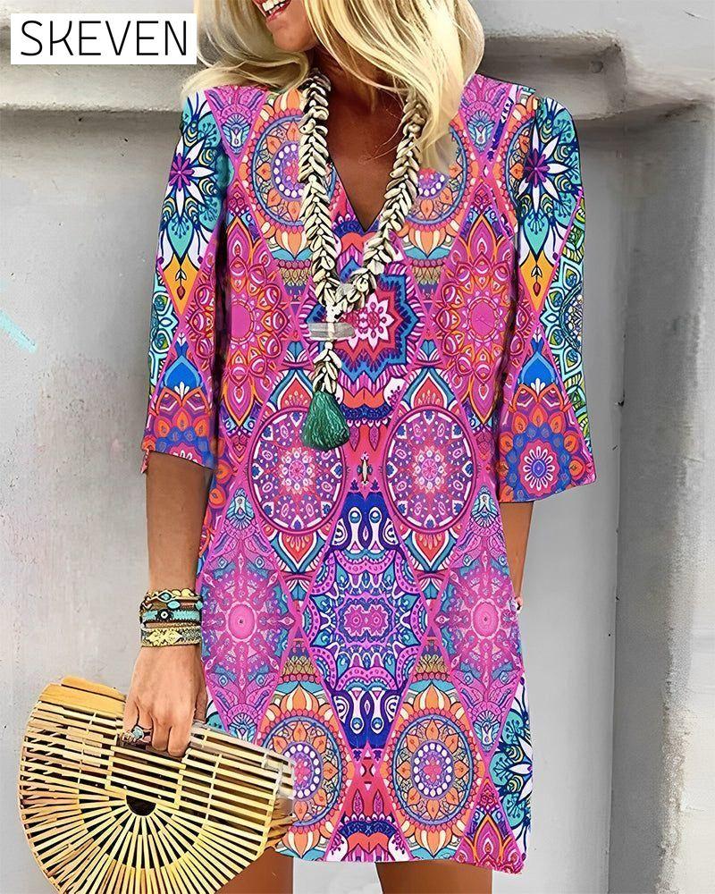 Geometric Print 3/4 Sleeve Dress Fuchsia 23BF Casual Dresses Clothes Dresses Spring Summer