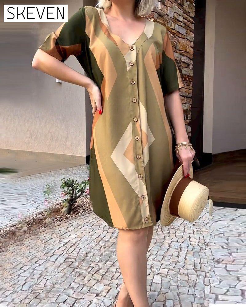 V neck short sleeve shirt dress Khaki 23BF Casual Dresses Clothes Dresses Spring Summer