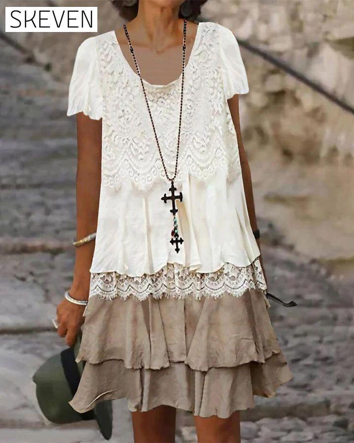 Round neck color block lace dress 23BF Casual Dresses Clothes Dresses SALE Spring Summer