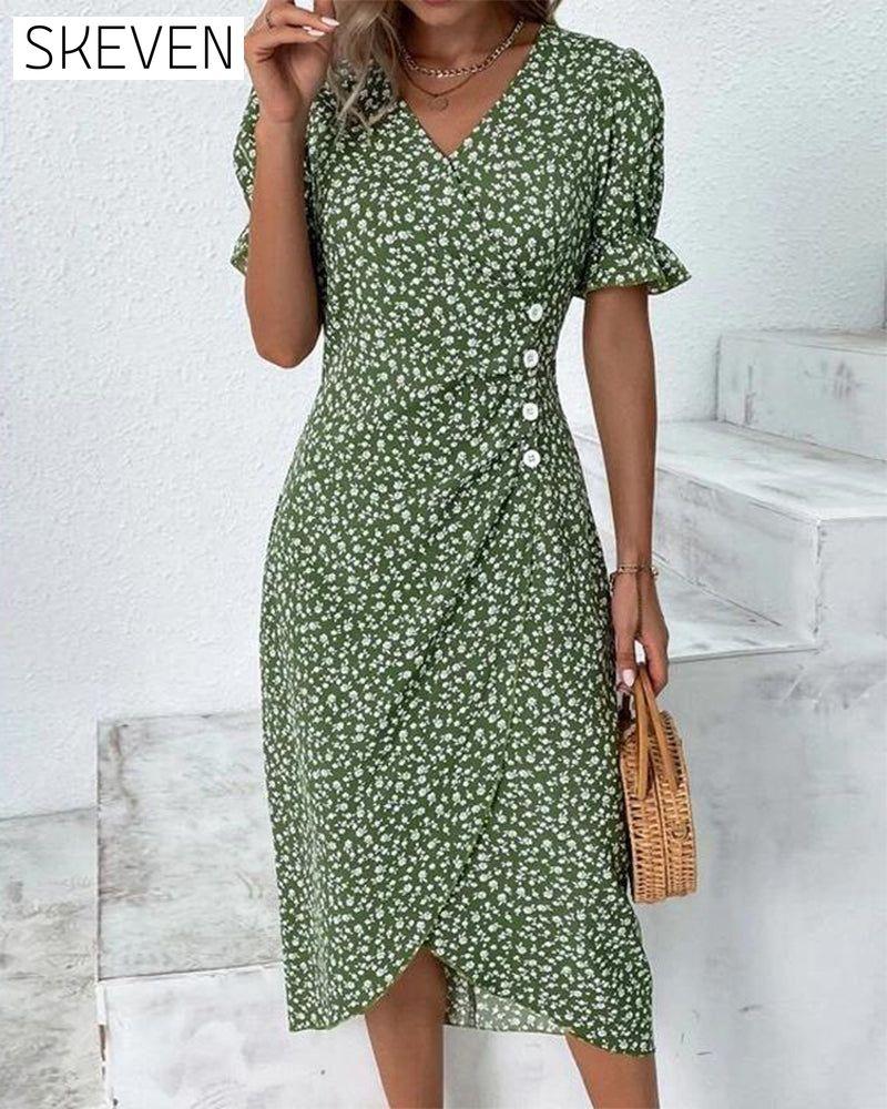 Floral print button short sleeve dress Green 23BF Casual Dresses Clothes Dresses SALE Summer