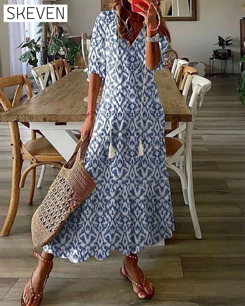V-neck printed half-sleeved long dress Blue 23BF Casual Dresses Clothes Dresses Spring Summer