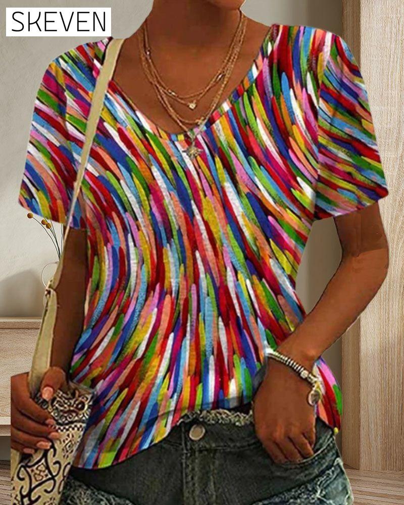 Round neck colorful print T-shirt 23BF clothes Short Sleeve Tops Spring Summer T-shirts Tops/Blouses
