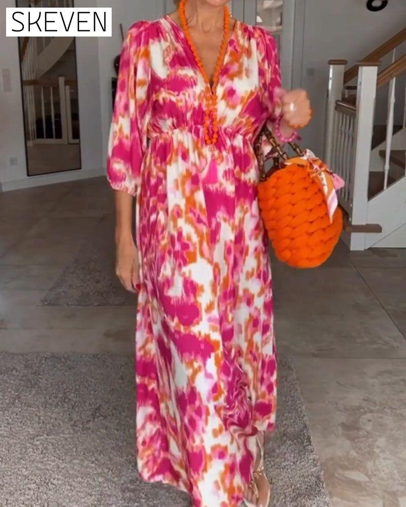 Modisches Kleid mit Print, V-Ausschnitt und 3/4-Ärmeln