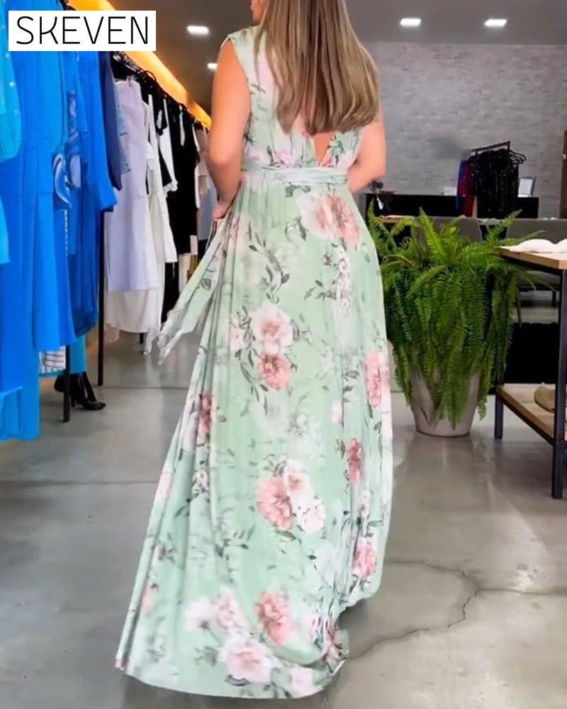Floral print V-neck elegant sleeveless dress