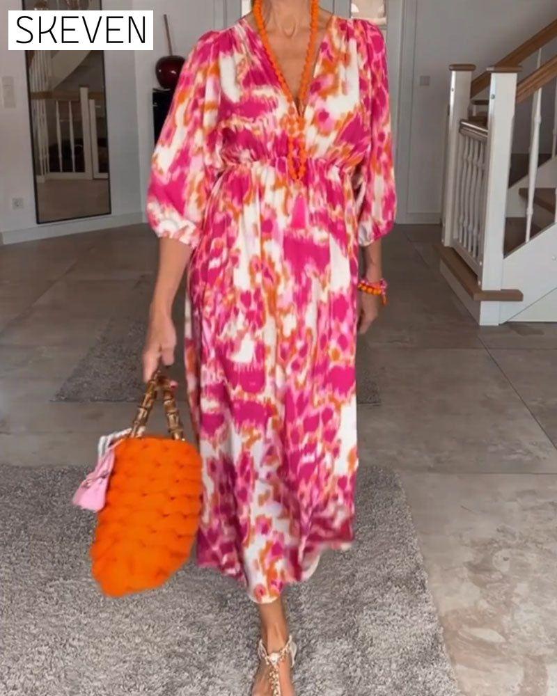 Modisches Kleid mit Print, V-Ausschnitt und 3/4-Ärmeln