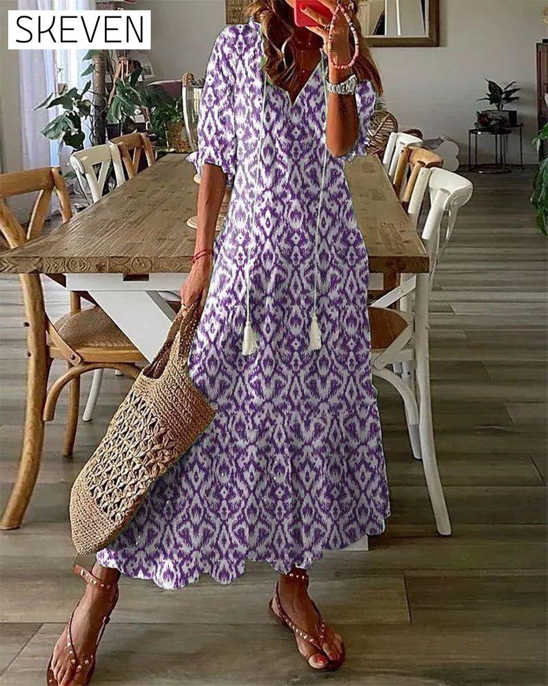 V-neck printed half-sleeved long dress Purple 23BF Casual Dresses Clothes Dresses Spring Summer