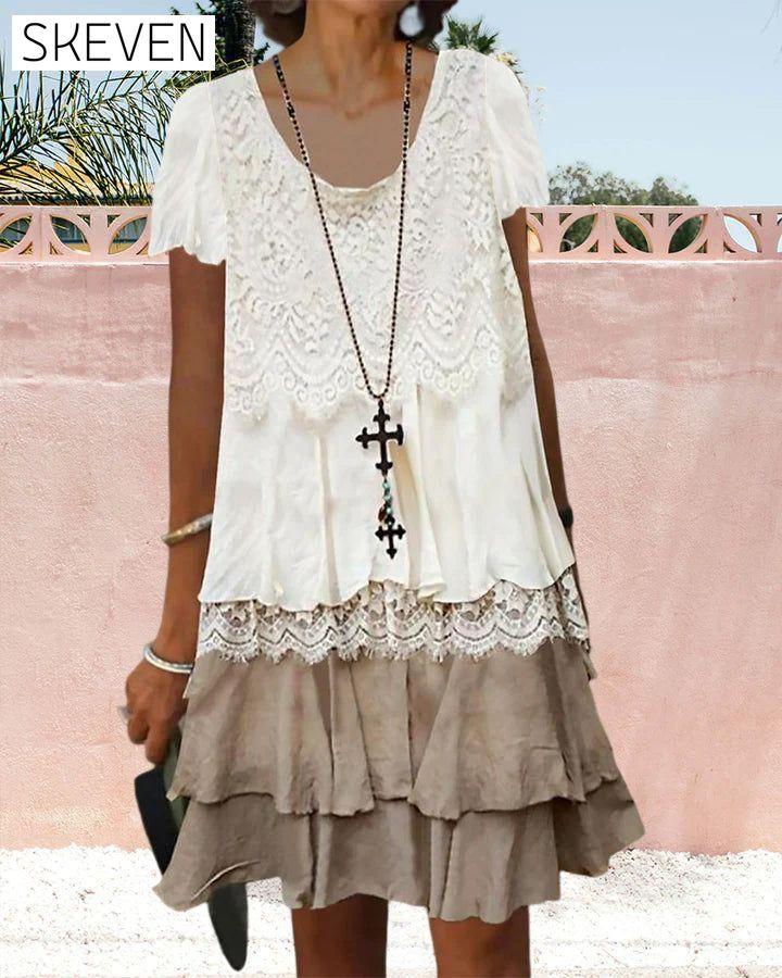 Round neck color block lace dress 23BF Casual Dresses Clothes Dresses SALE Spring Summer