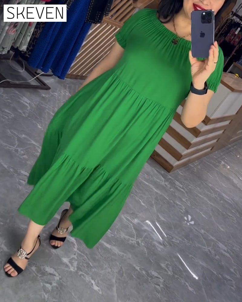 Solid color round neck short sleeve dress
