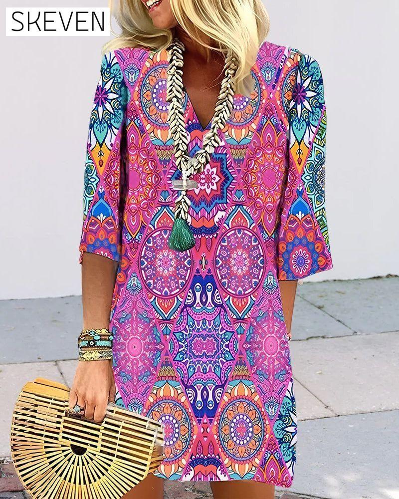 Geometric Print 3/4 Sleeve Dress 23BF Casual Dresses Clothes Dresses Spring Summer