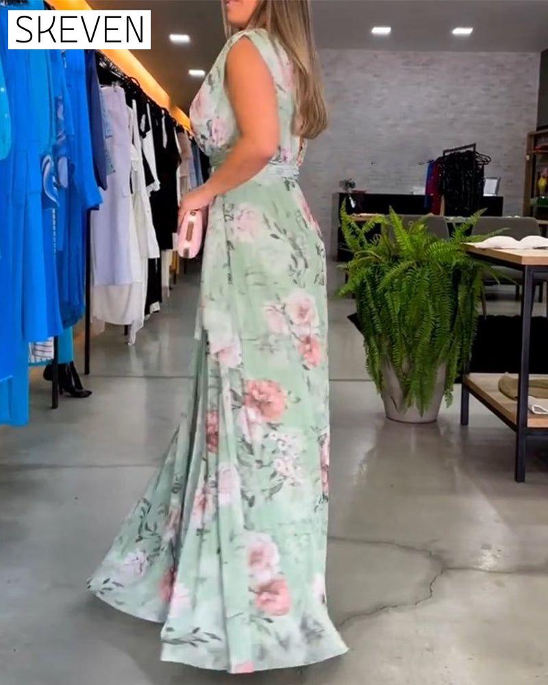 Floral print V-neck elegant sleeveless dress