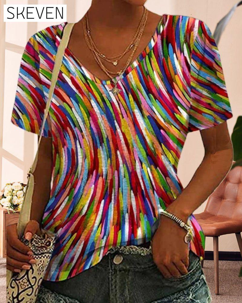 Round neck colorful print T-shirt 23BF clothes Short Sleeve Tops Spring Summer T-shirts Tops/Blouses
