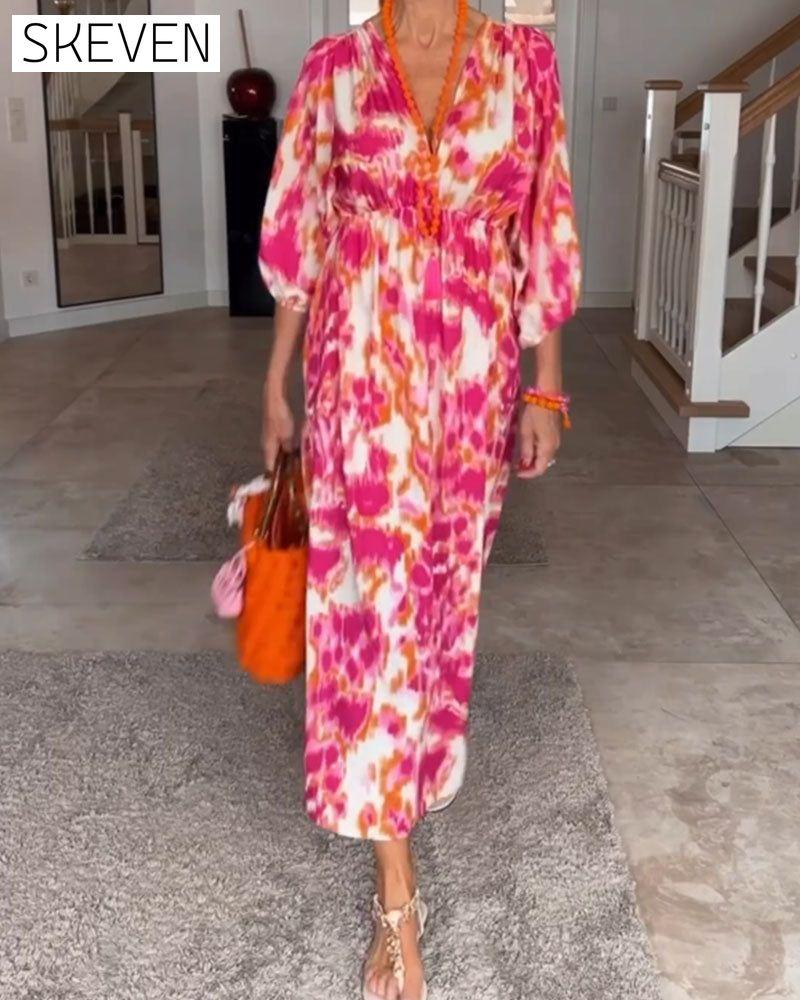 Modisches Kleid mit Print, V-Ausschnitt und 3/4-Ärmeln
