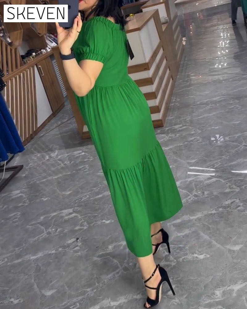 Solid color round neck short sleeve dress