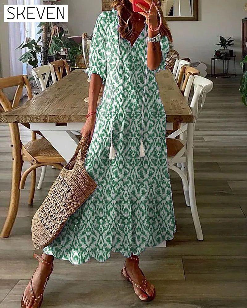 V-neck printed half-sleeved long dress Green 23BF Casual Dresses Clothes Dresses Spring Summer