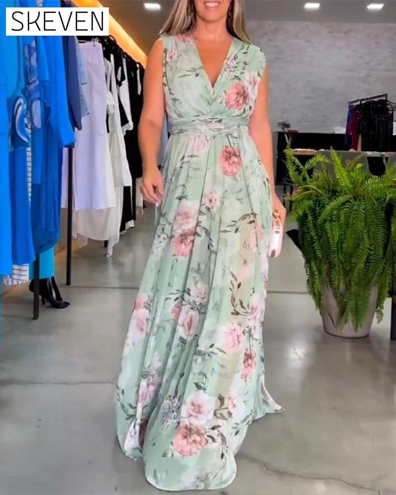 Floral print V-neck elegant sleeveless dress