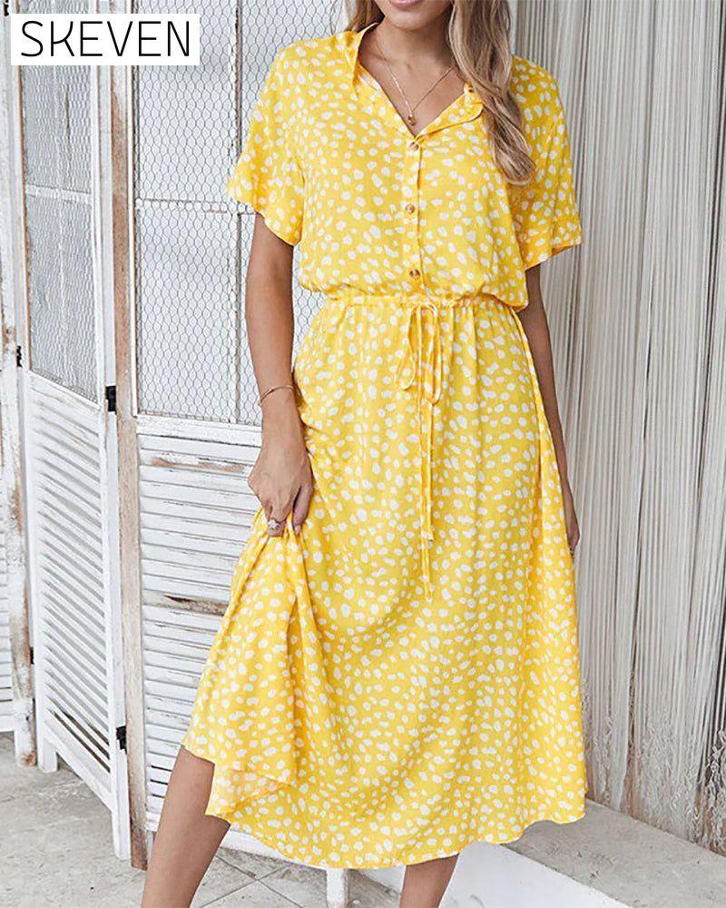 Dot print v-neck dress Yellow 23BF Casual Dresses Clothes Dresses Spring Summer