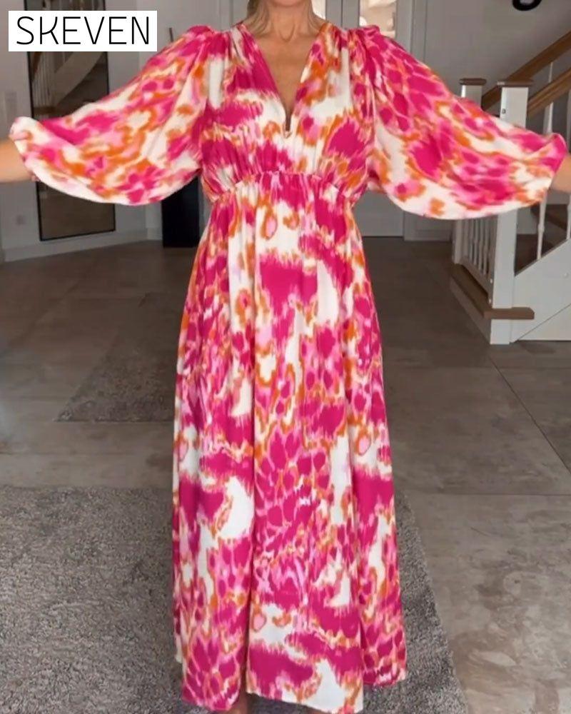 Modisches Kleid mit Print, V-Ausschnitt und 3/4-Ärmeln