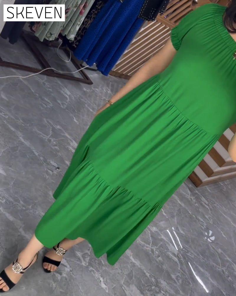 Solid color round neck short sleeve dress