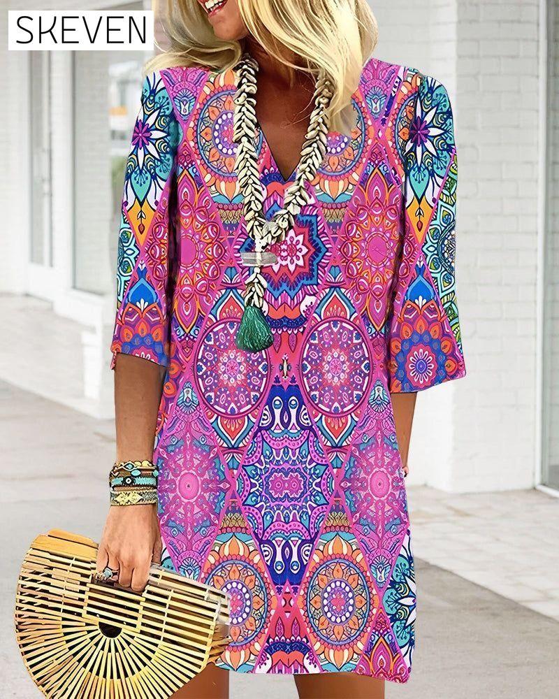 Geometric Print 3/4 Sleeve Dress 23BF Casual Dresses Clothes Dresses Spring Summer