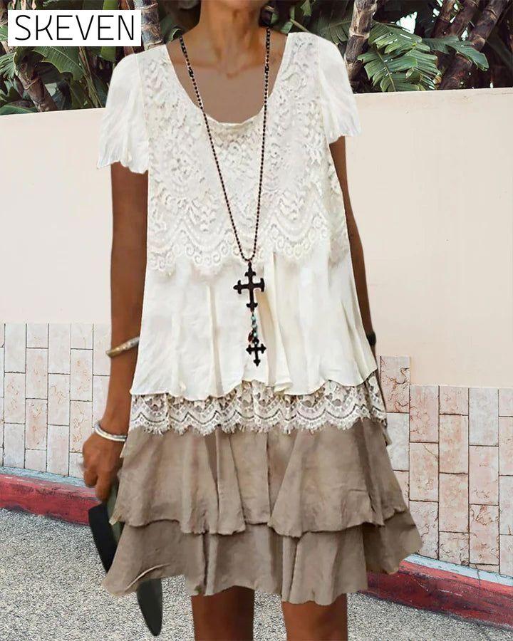 Round neck color block lace dress 23BF Casual Dresses Clothes Dresses SALE Spring Summer
