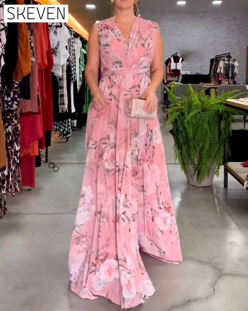 Floral print V-neck elegant sleeveless dress