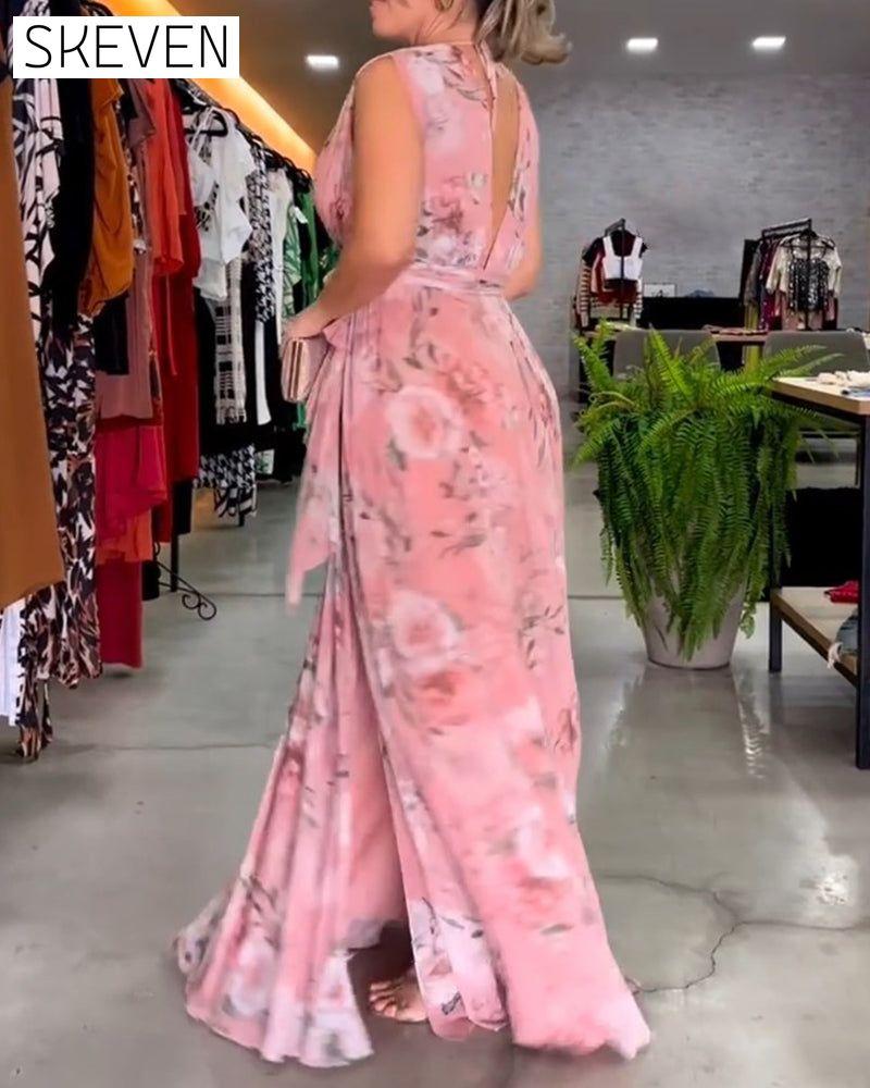 Floral print V-neck elegant sleeveless dress