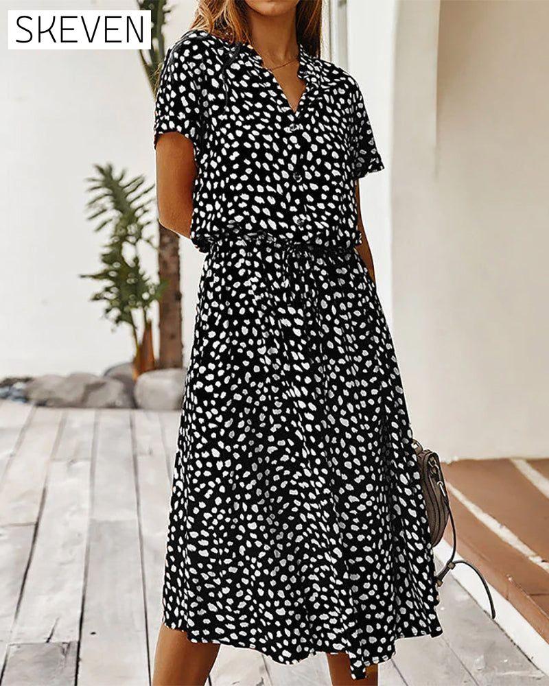 Dot print v-neck dress Black 23BF Casual Dresses Clothes Dresses Spring Summer