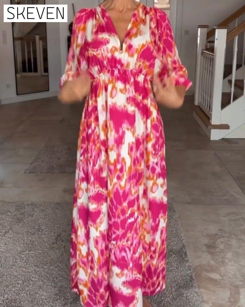 Modisches Kleid mit Print, V-Ausschnitt und 3/4-Ärmeln