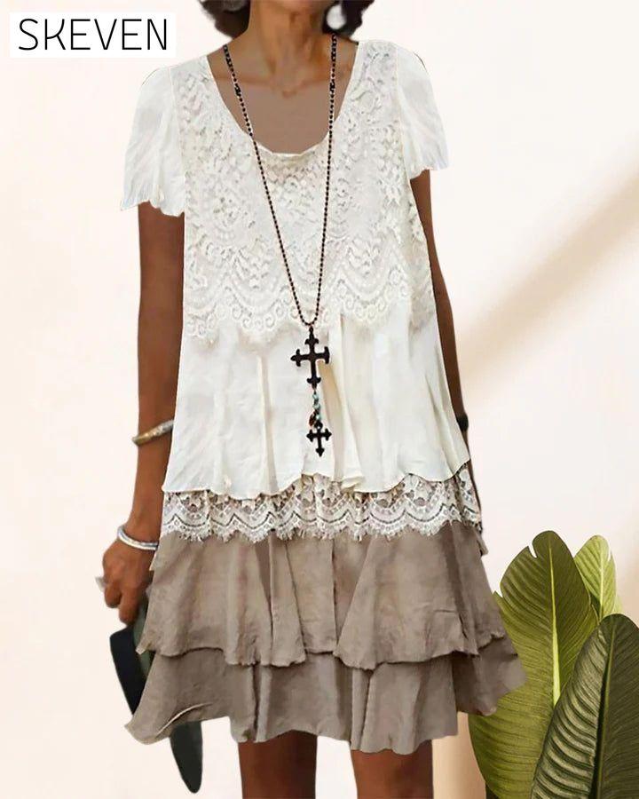 Round neck color block lace dress 23BF Casual Dresses Clothes Dresses SALE Spring Summer