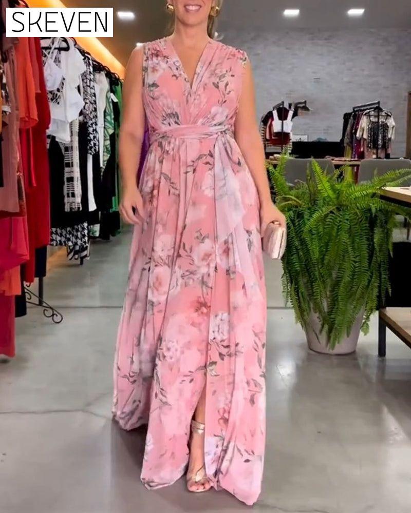Floral print V-neck elegant sleeveless dress