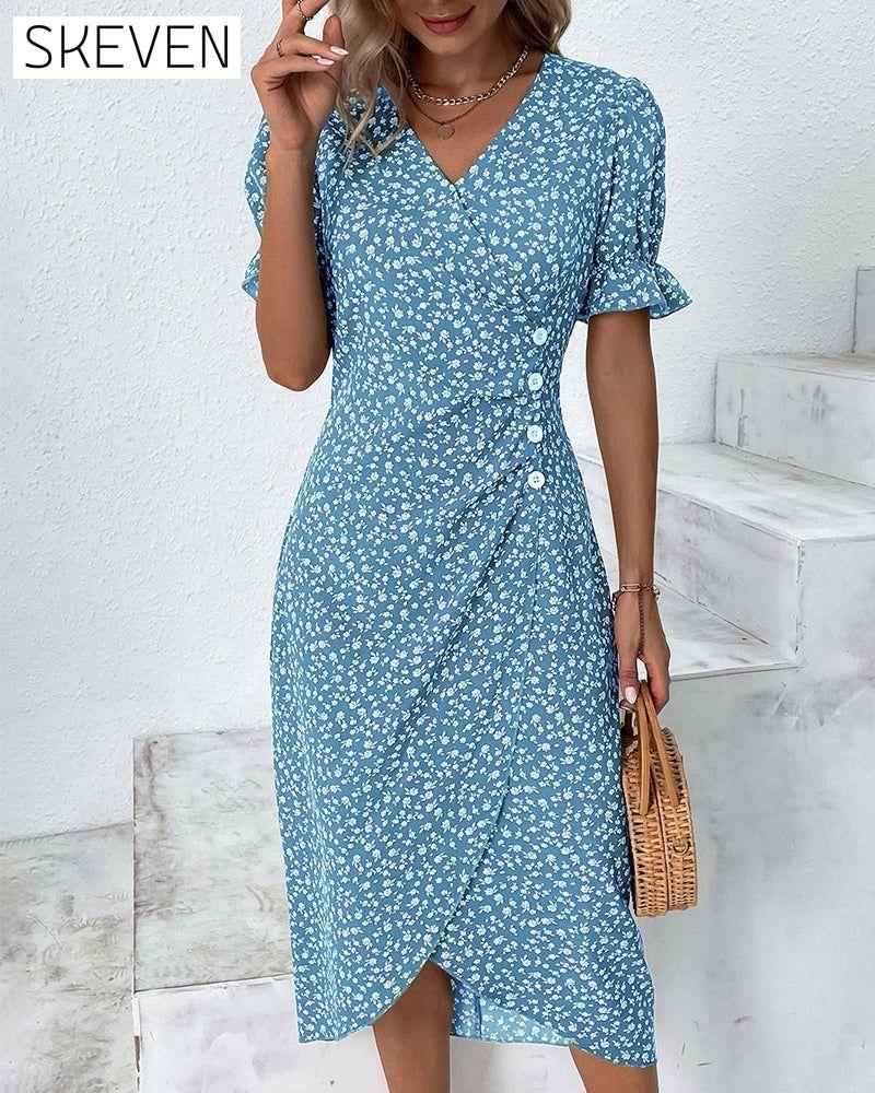Floral print button short sleeve dress Blue 23BF Casual Dresses Clothes Dresses SALE Summer