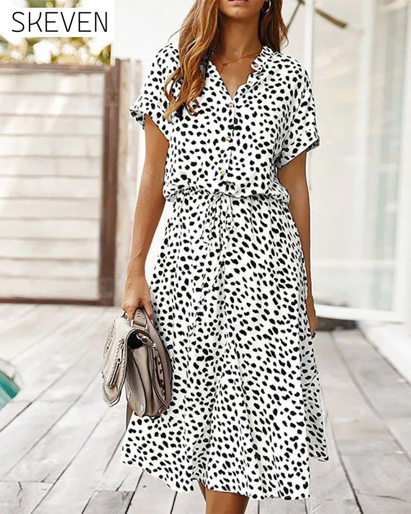 Dot print v-neck dress Black spot on white 23BF Casual Dresses Clothes Dresses Spring Summer