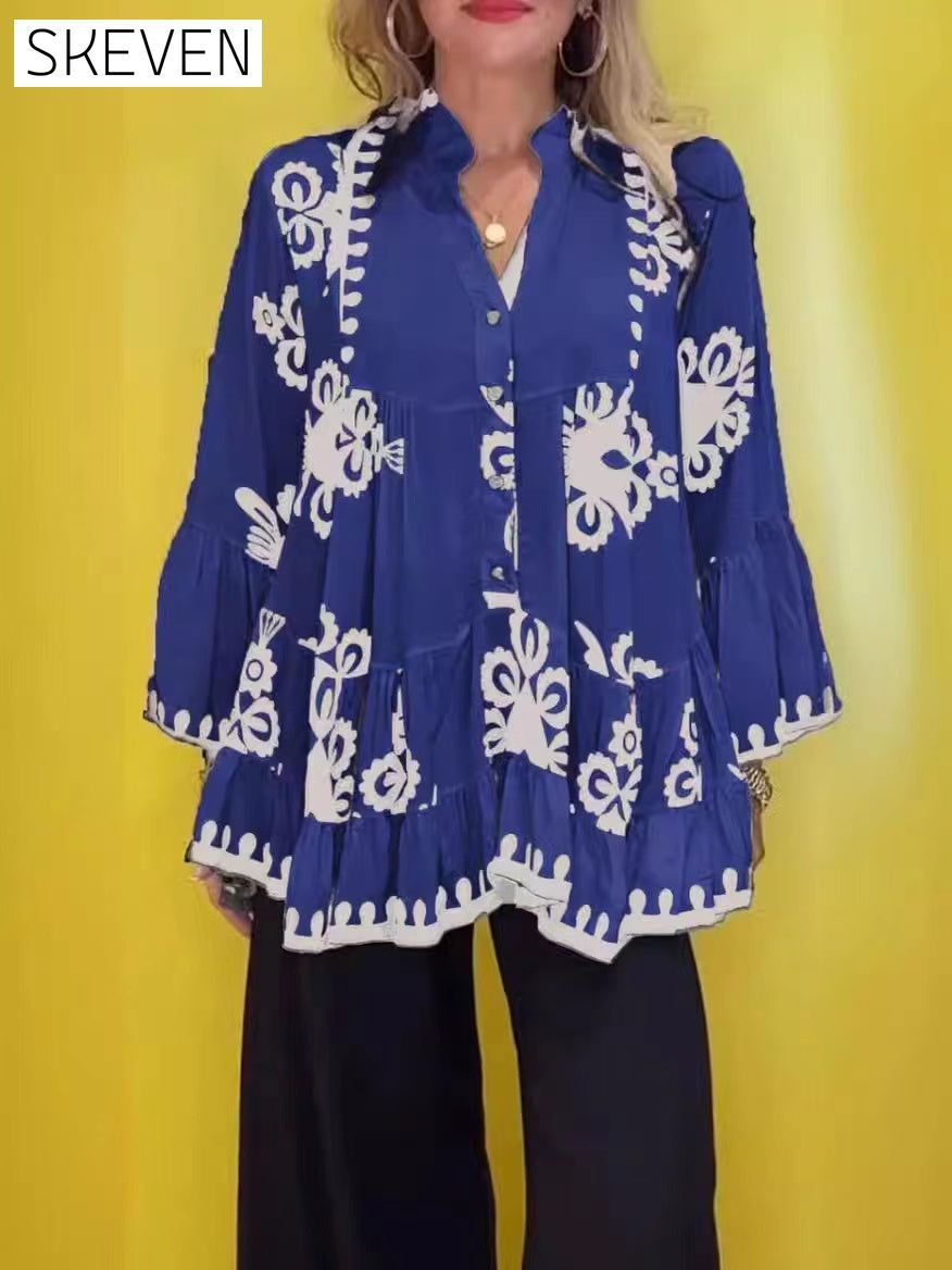 Printed V-neck buttoned elegant blouse blouses & shirts spring summer