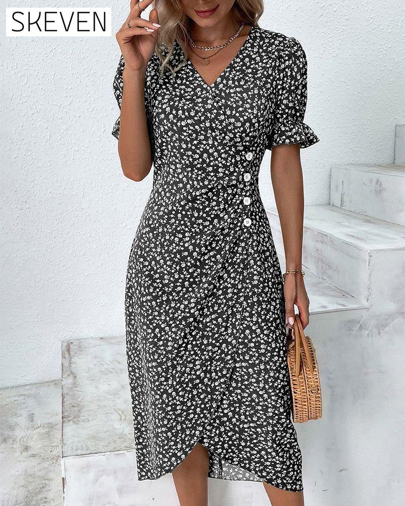 Floral print button short sleeve dress Black 23BF Casual Dresses Clothes Dresses SALE Summer