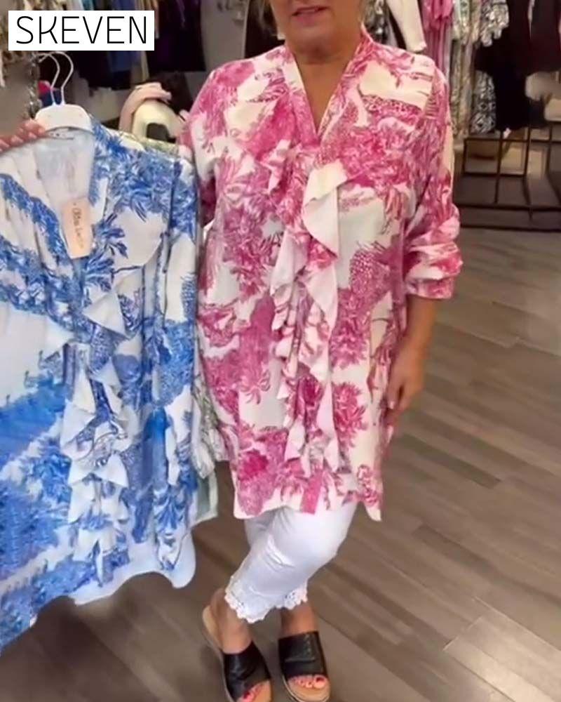 Gentle printed ruffle casual blouse