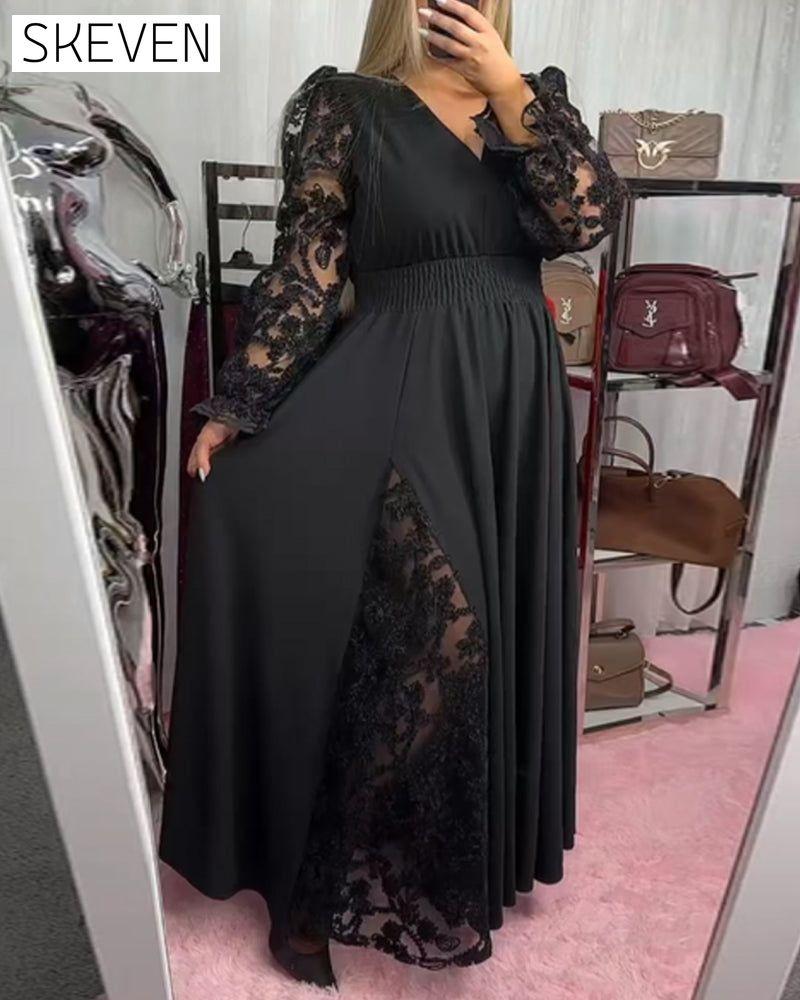 Lace Stitching V-Neck A Hem Dress
