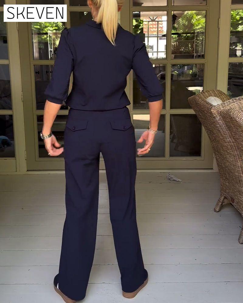 Fashion solid color V-neck pocket set