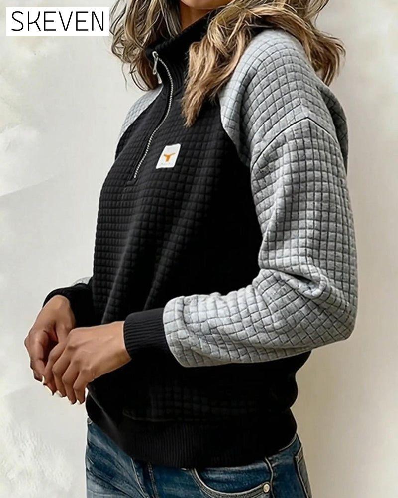 Sweatshirt mit Stehkragen und Waffelstruktur in Farbblock-Optik
