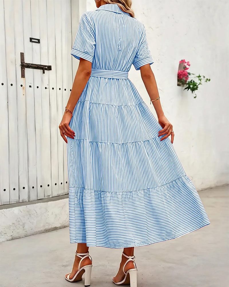 Striped Waist-Cinching Tiered Shirt Maxi Dress