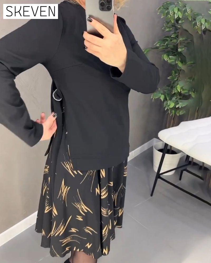 Casual Loose Print Dress with Round Neck