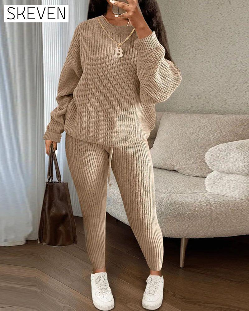 Round neck solid color casual two-piece set