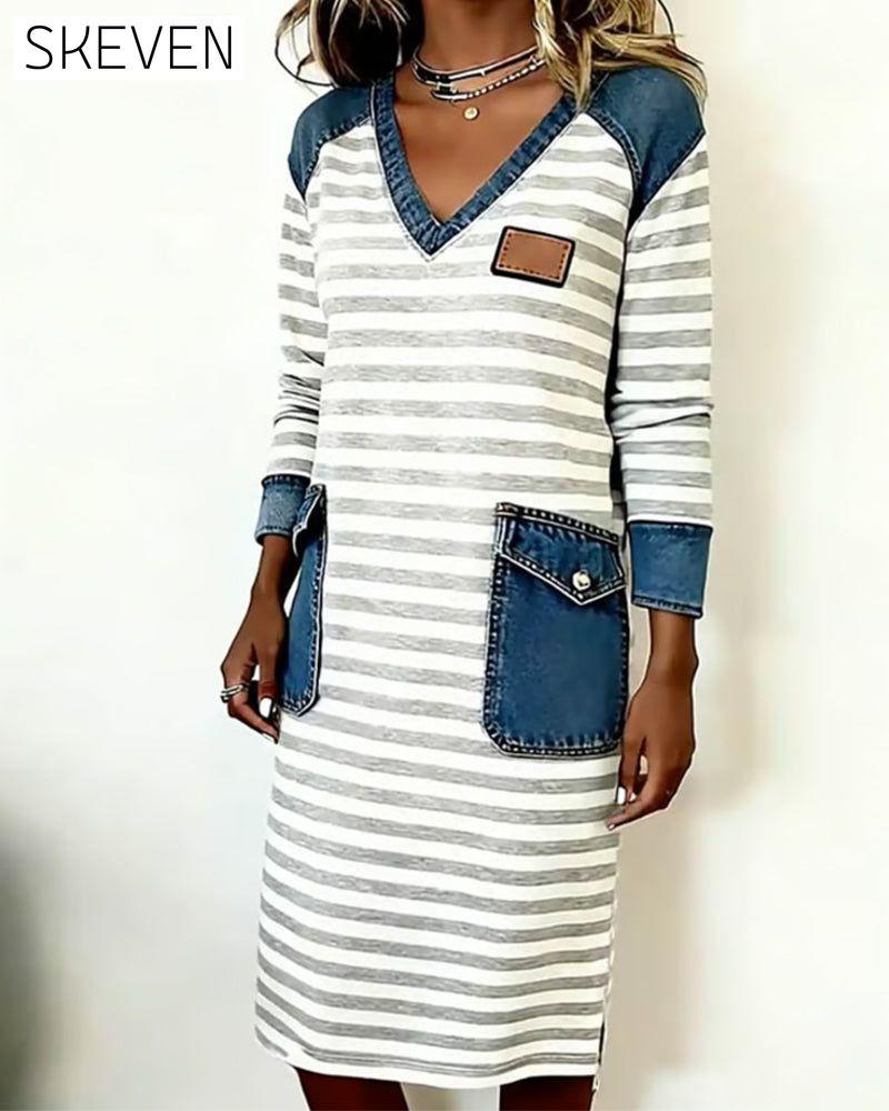 Modisches Jeans-Patchwork-Kleid mit V-Ausschnitt