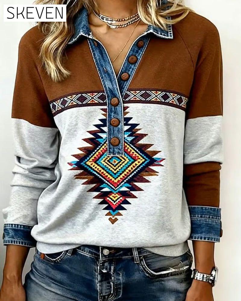 Sweat-shirt imprimé à col boutonné bicolore
