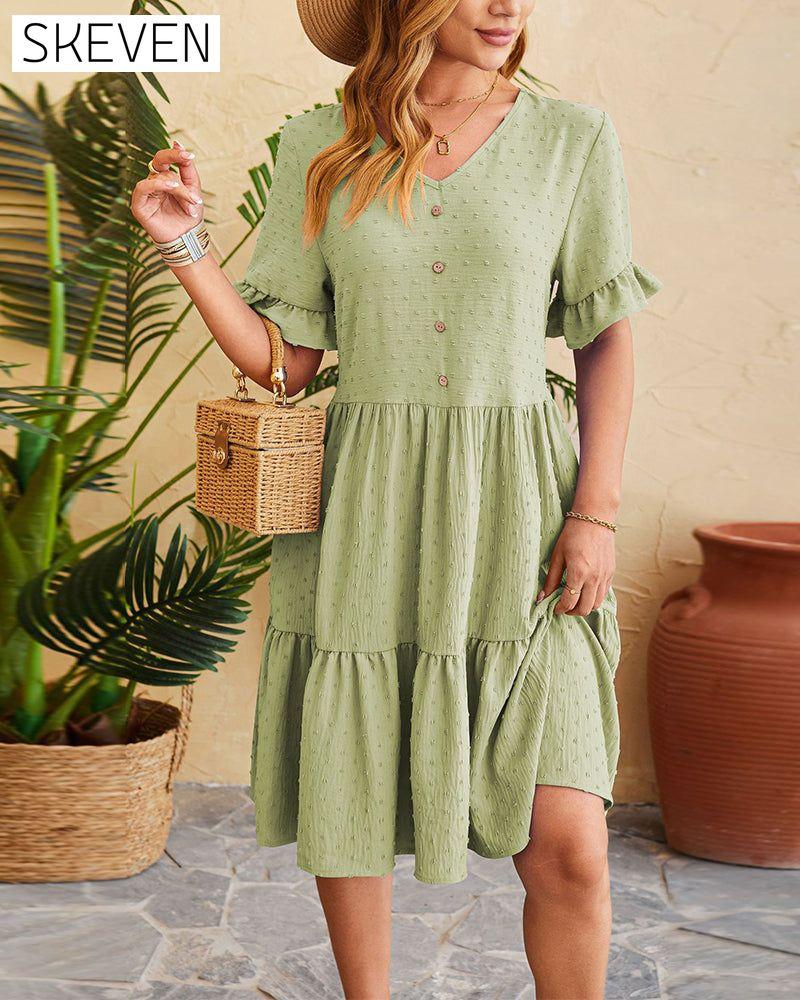 Elegantes, geknöpftes Rüschenkleid in A-Linie