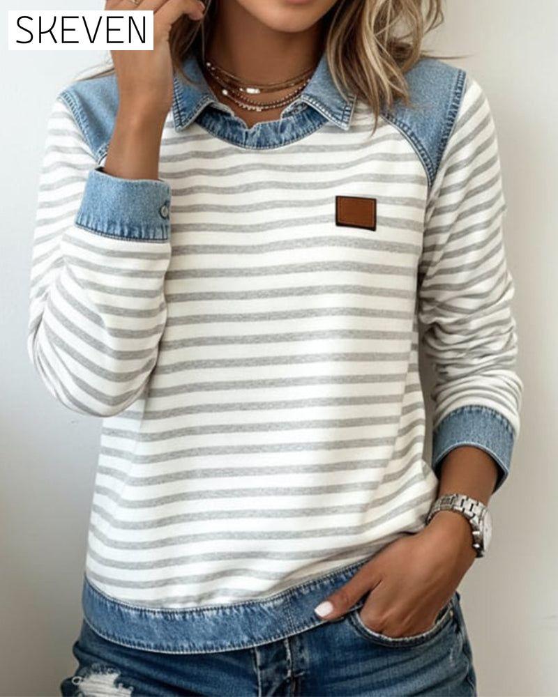 Denim-Farbblock-Streifen-Sweatshirt