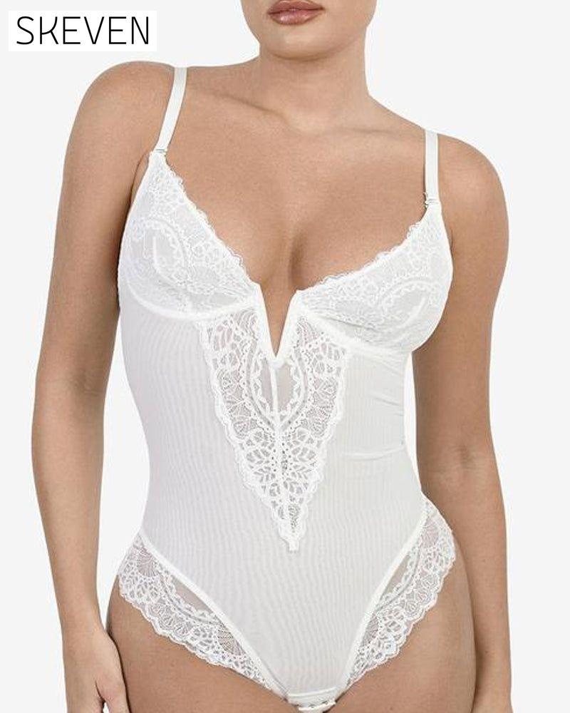 Deep-V Neck Lace Shapewear Bodysuit