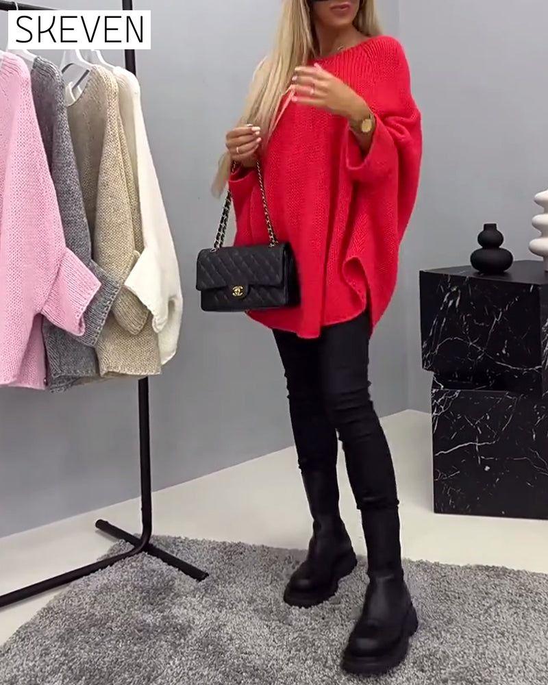 Fashion solid color bat sleeve round neck pullover