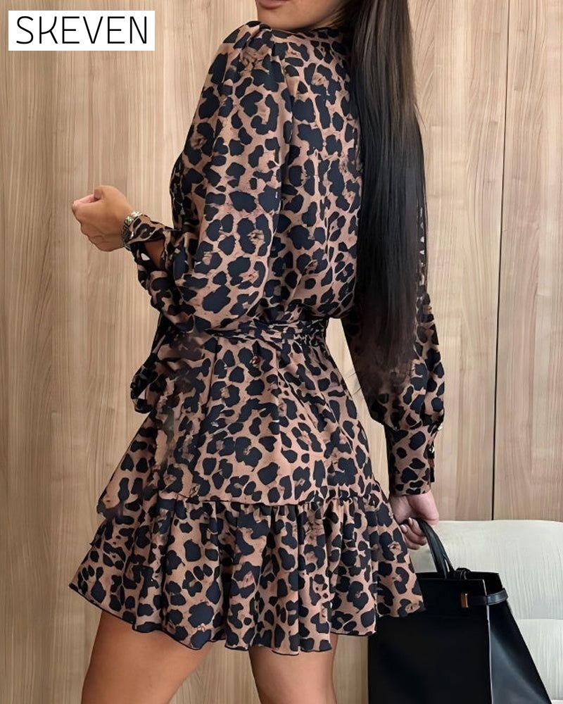 💖Black-Friday-Mega-Angebot💖Wickelkleid mit Leopardenmuster, V-Ausschnitt und Taillengürtel