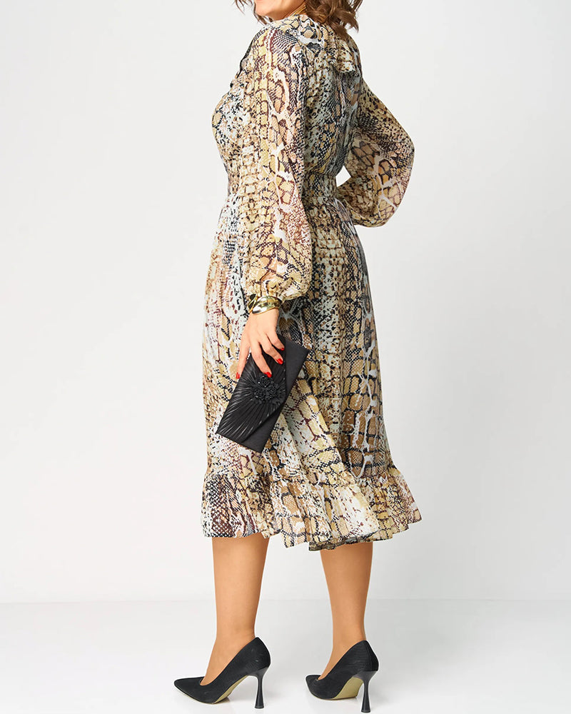 Flounce-Collar Lantern-Sleeve Printed Dress