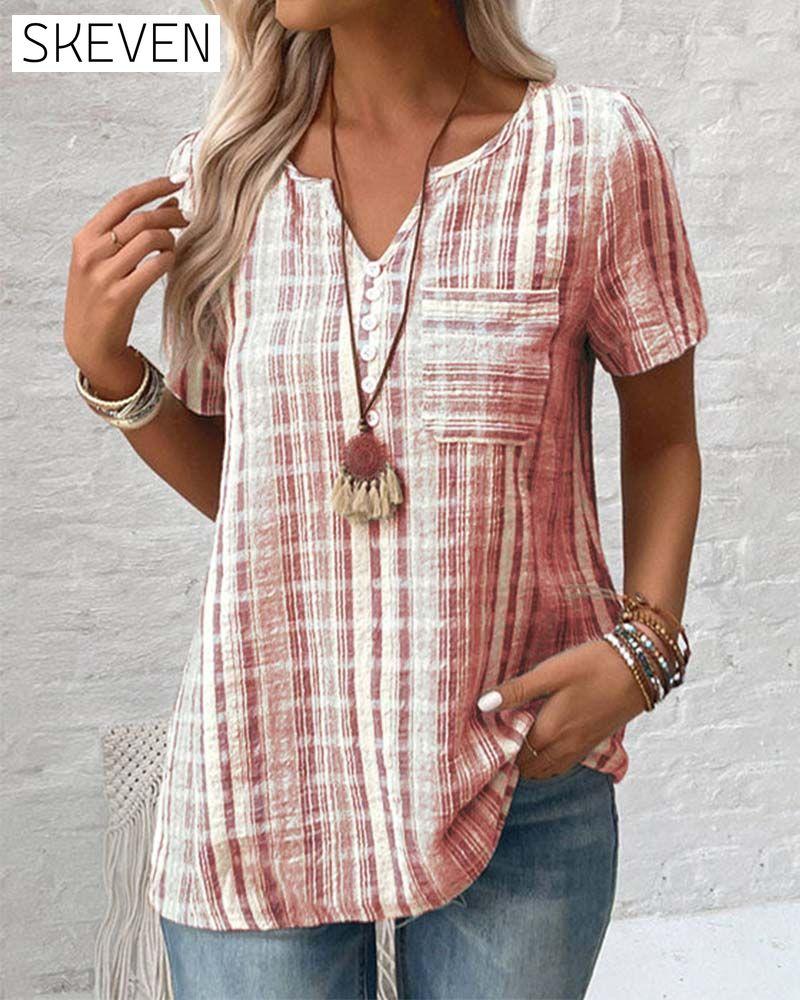 Casual V Neck Striped Plaid T-Shirt